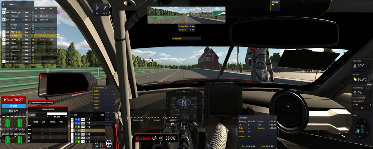 iRacing with RaceLab overlays in cockpit view